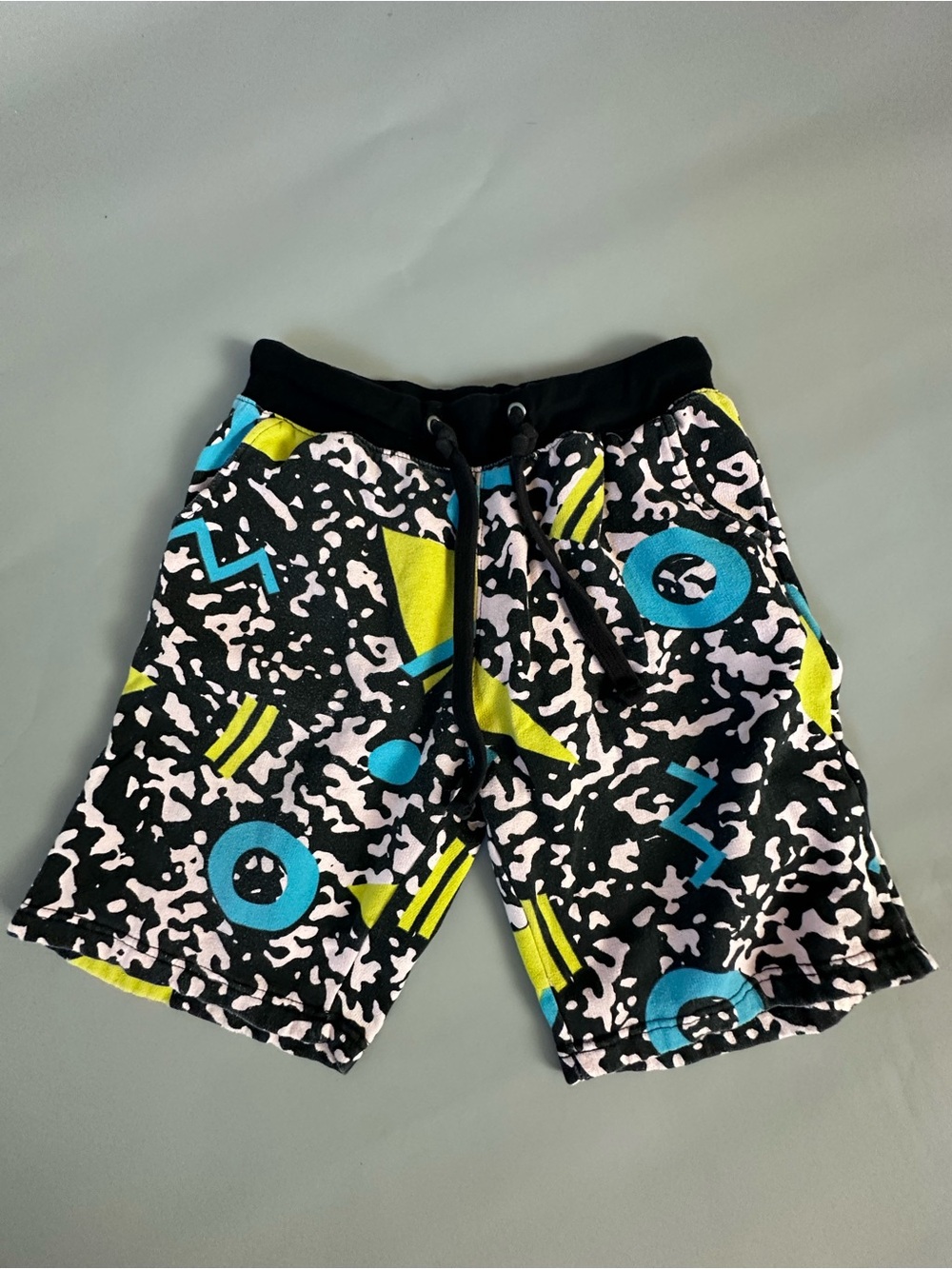 90’s print Men's Black Geo Print Swim Trunks with Blue & Neon Yellow Accents